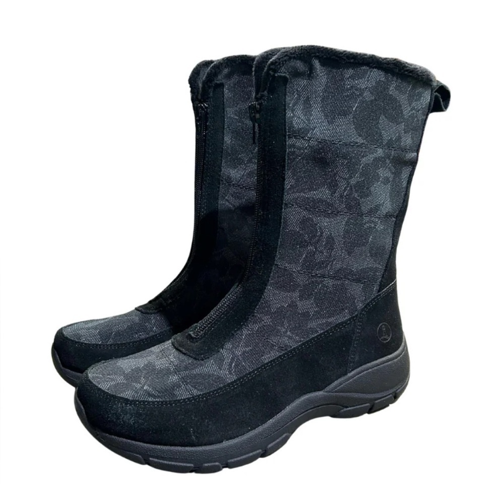 Lands End Winter Boots Womens 7.5 Snow Zip Up Black Faux Fur Lined leather Snow